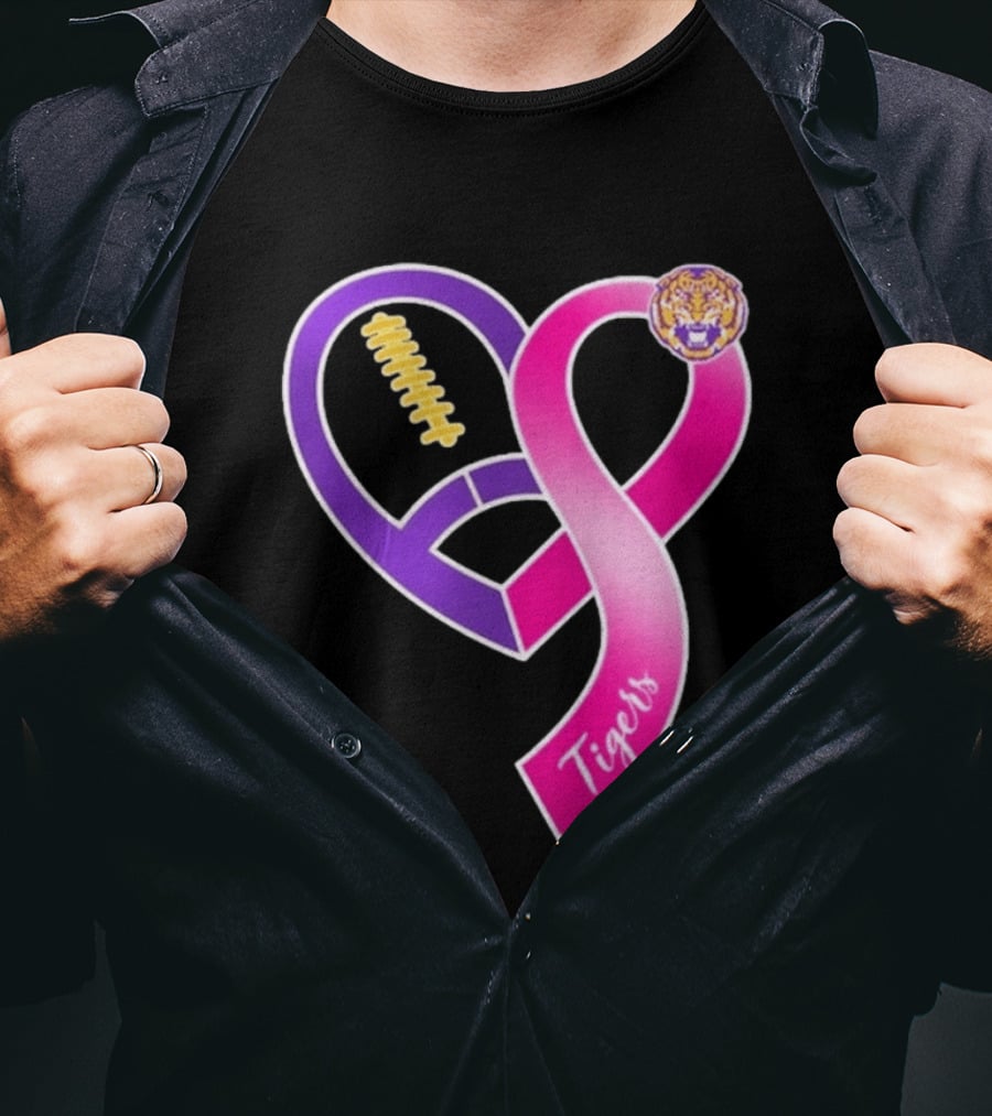 LSU Tigers Breast Cancer Awareness 2026 Heart Ribbon Football T-Shirt