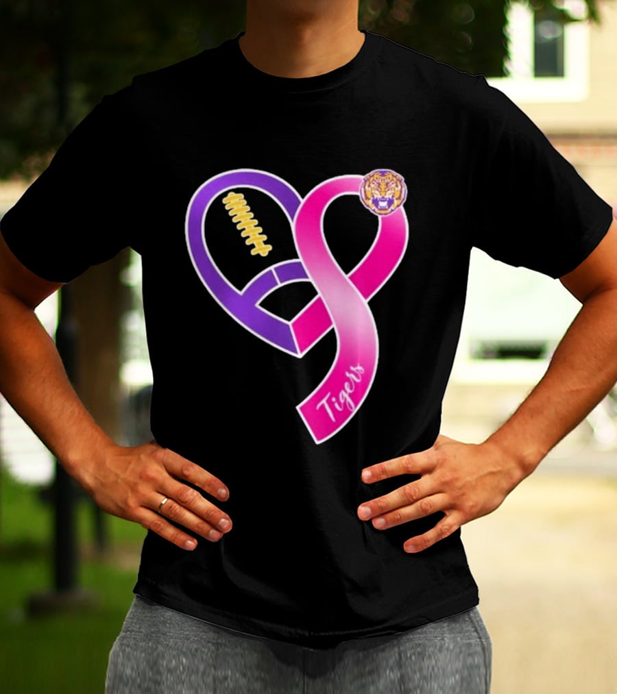 LSU Tigers Breast Cancer Awareness 2026 Heart Ribbon Football T-Shirt
