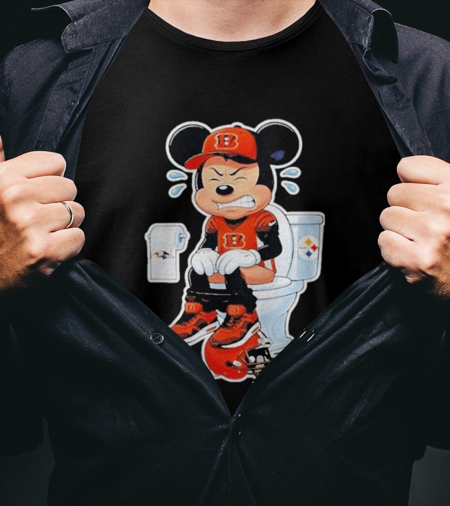 Mickey Cincinnati Bengals Mascot On Toilet Rival Baltimore Ravens Steelers Football Helmet T-Shirt