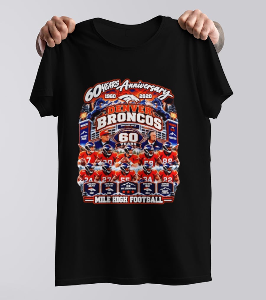 Denver Broncos 60 Years Anniversary 1960 2020 Mile High Football Champions Iconic Moments T-Shirt