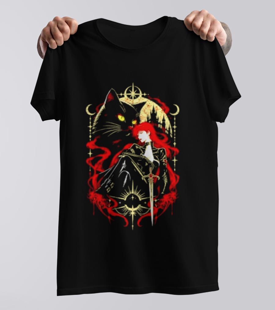 Gothic Red Haired Woman Black Cat Sword Magical T-Shirt