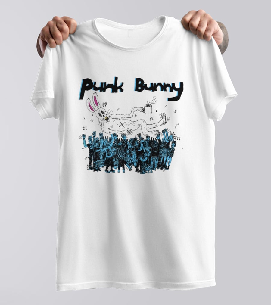 Punk Bunny Coffee Cup Crowd Green Day Style White T-Shirt