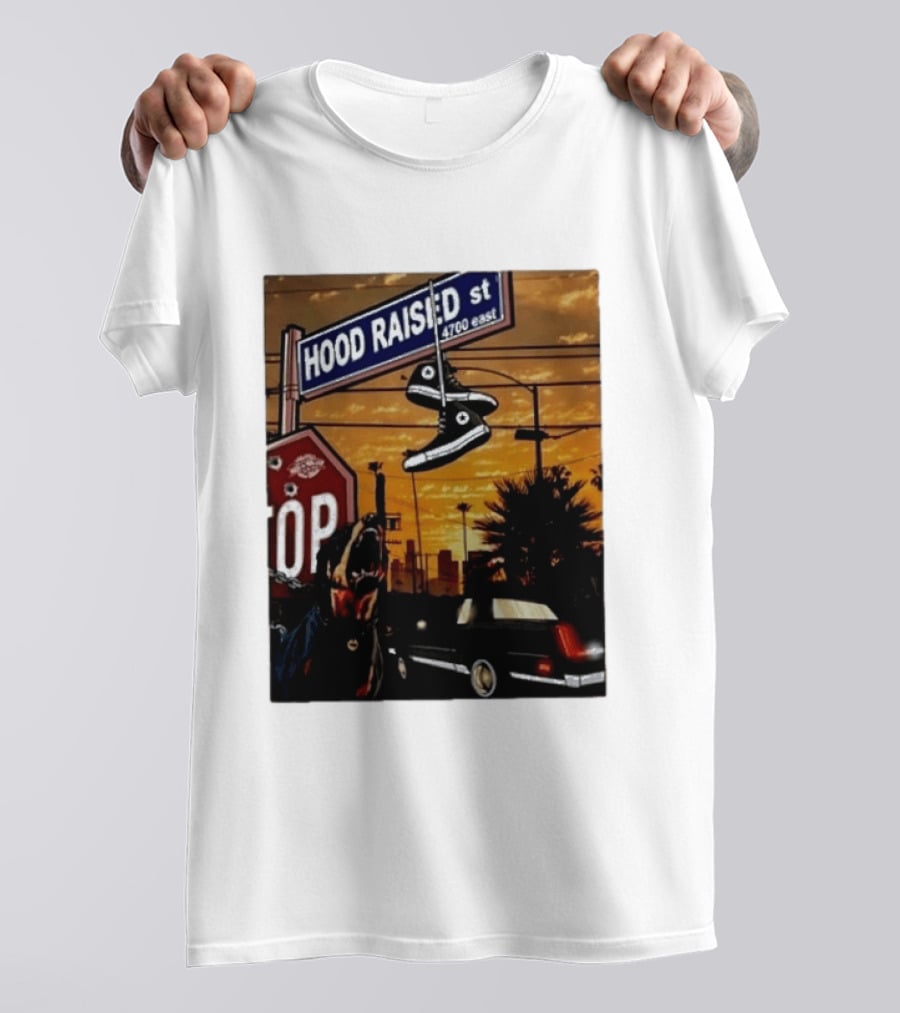 Hood Raised Street 4700 East Rottweiler Lowrider Sneakers And Sunset Urban Scene T-Shirt