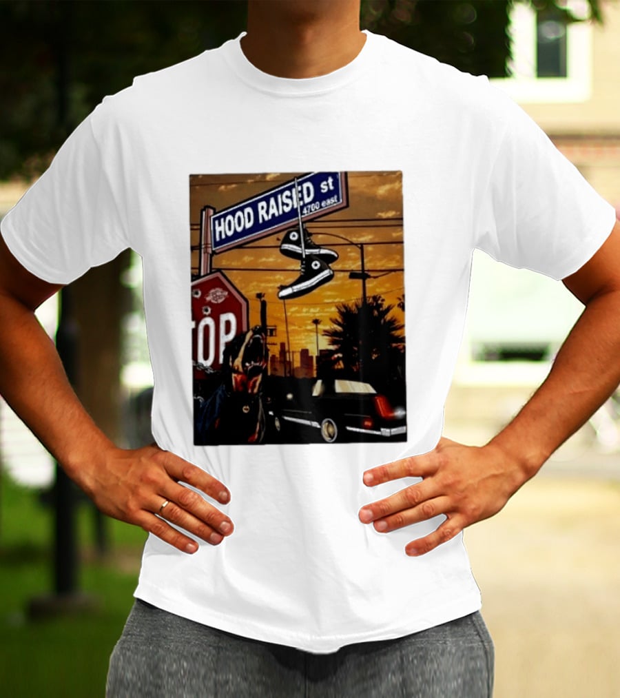 Hood Raised Street 4700 East Rottweiler Lowrider Sneakers And Sunset Urban Scene T-Shirt