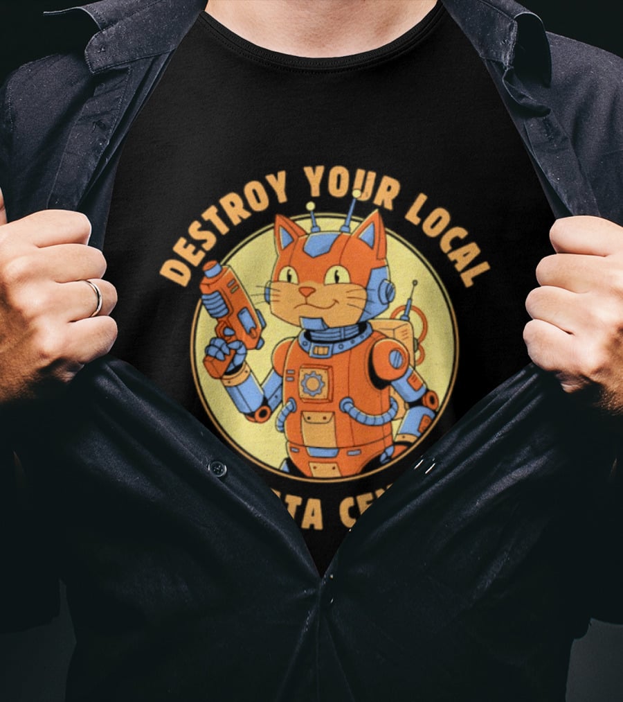 Destroy Your Local AI Data Center Robot Cat Retro Futuristic T-Shirt