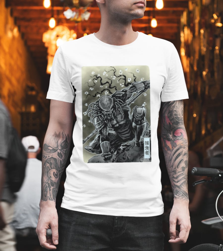 Yautja Samurai Mashup With Cherry Blossoms T-Shirt