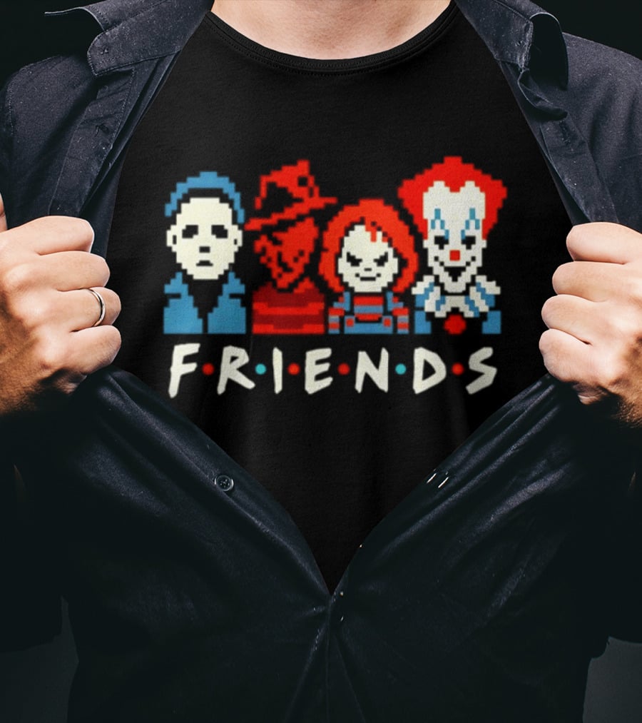 Friends Horror Movie Characters Pixel Art Michael Freddy Chucky Pennywise T-Shirt