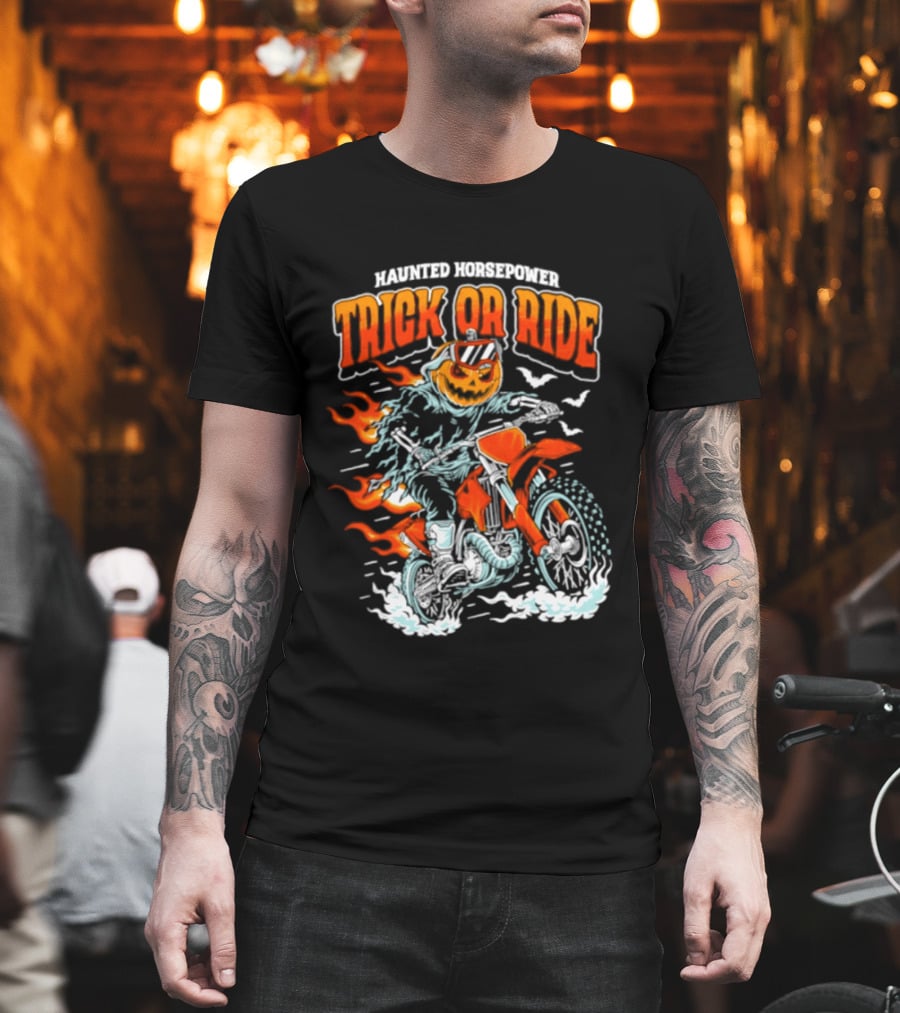Haunted Horsepower Trick Or Ride Halloween Pumpkin Motorcycle Flames T-Shirt
