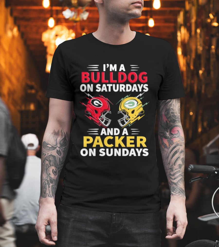 I'm A Bulldog On Saturdays And A Packer On Sundays Football Helmets T-Shirt