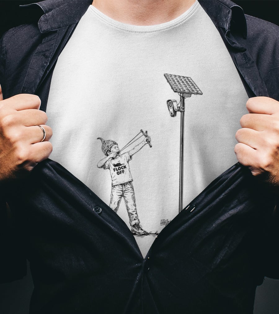 Boy With Slingshot Targeting Solar Camera Flock Off T-Shirt