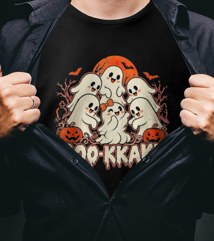 Boo Kkake Japanese Halloween Ghosts Pumpkins Bats Orange Moon T-Shirt