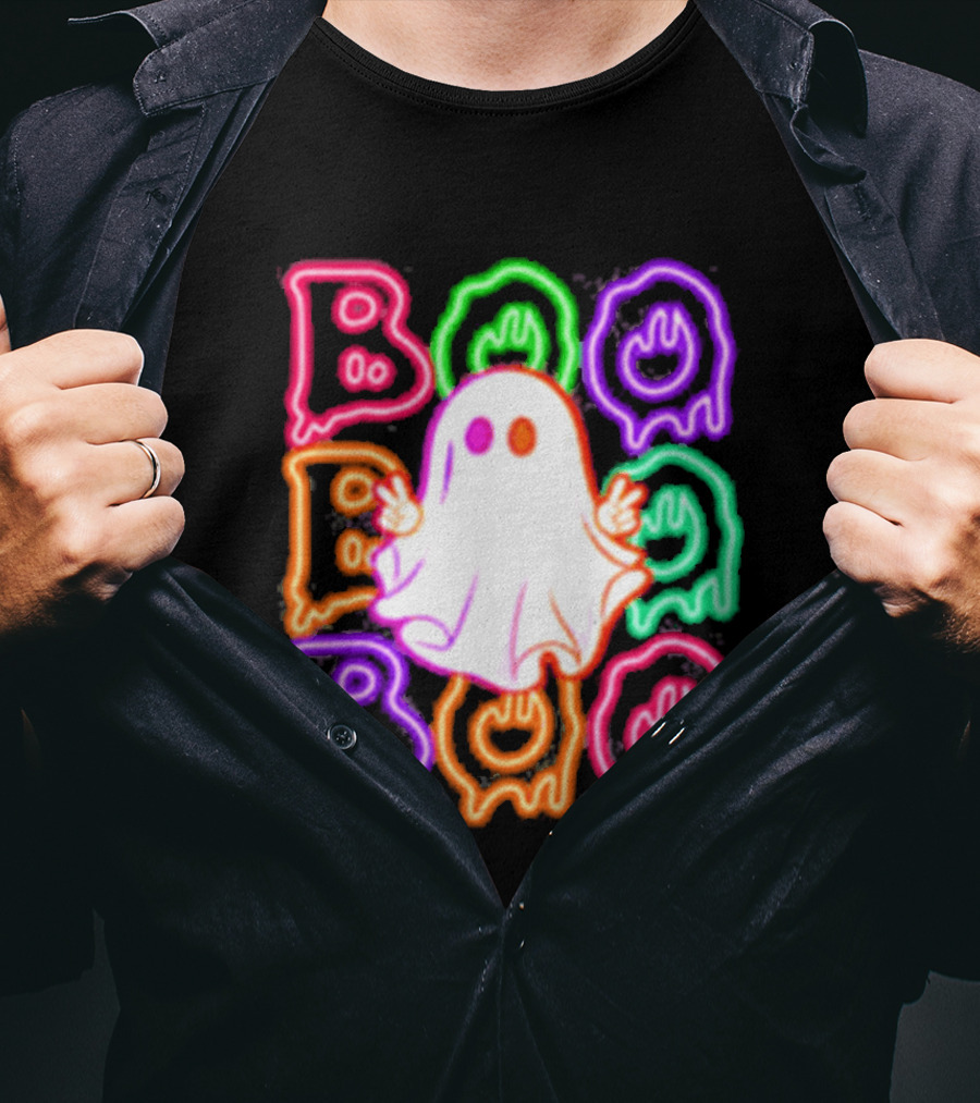 Ghost Boo Neon Halloween Spooky Bright T-Shirt