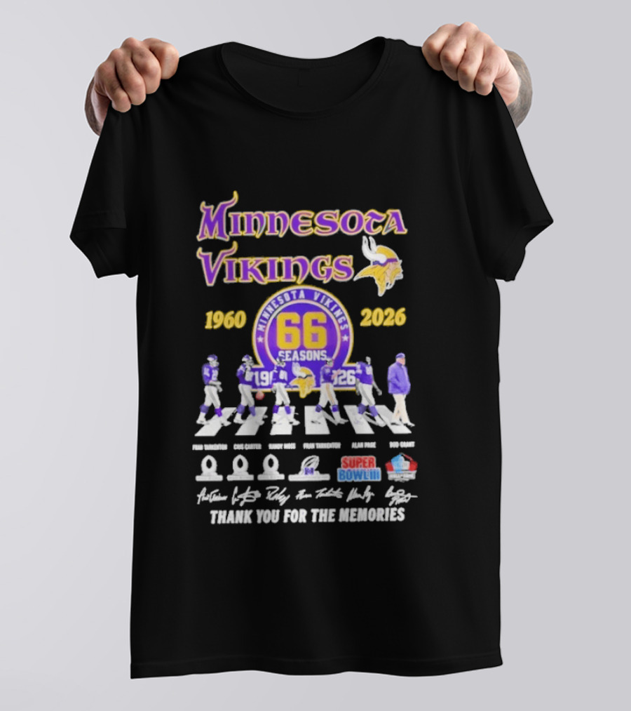Minnesota Vikings 66 Seasons 1960 2026 Abbey Road Fran Tarkenton Cris Carter Randy Moss Alan Page Bud Grant Super Bowl Thank You For The Memories T-Shirt