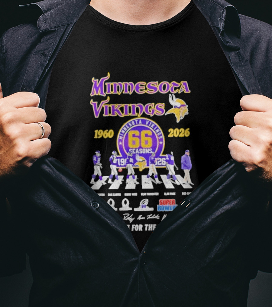 Minnesota Vikings 66 Seasons 1960 2026 Abbey Road Fran Tarkenton Cris Carter Randy Moss Alan Page Bud Grant Super Bowl Thank You For The Memories T-Shirt