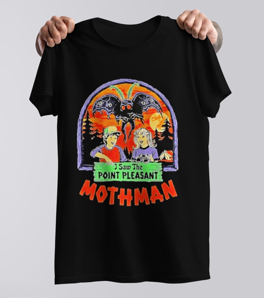 I Saw The Point Pleasant Mothman With Kids And Binoculars In Forest Scene T-Shirt