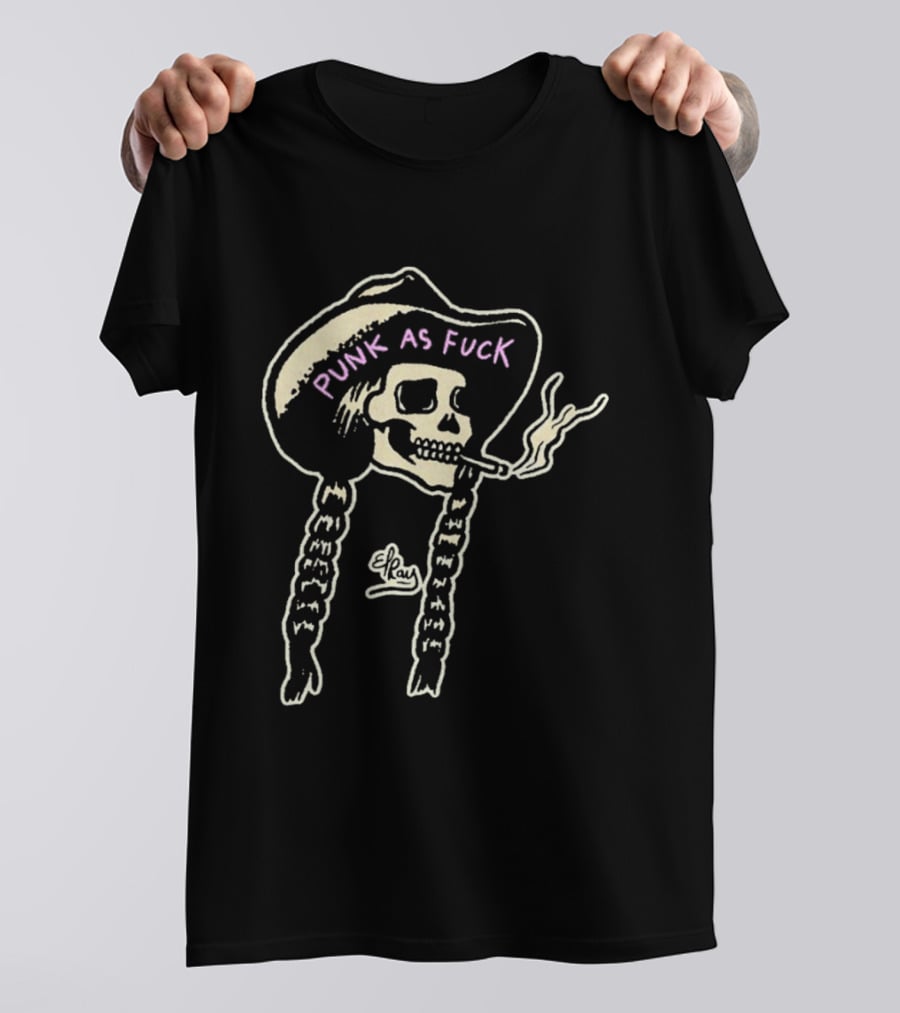 Punk As Fuck Skeleton Smoking Cowboy Hat Braids T-Shirt