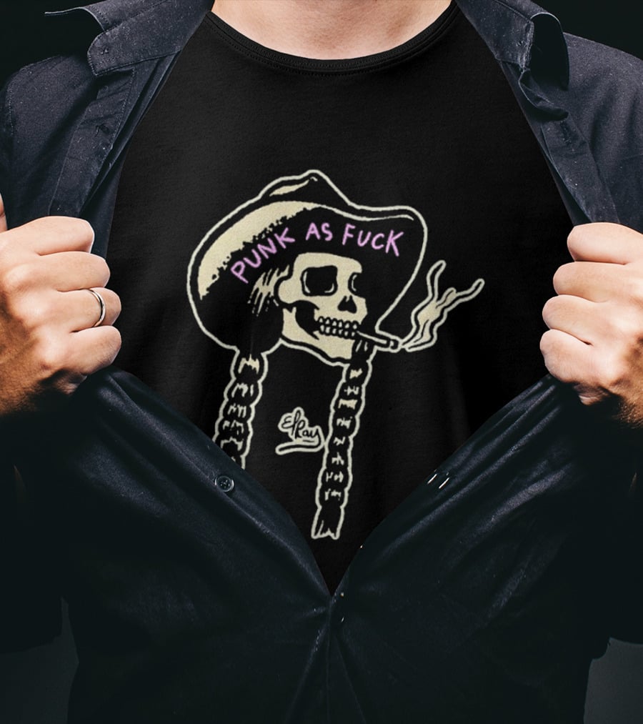 Punk As Fuck Skeleton Smoking Cowboy Hat Braids T-Shirt