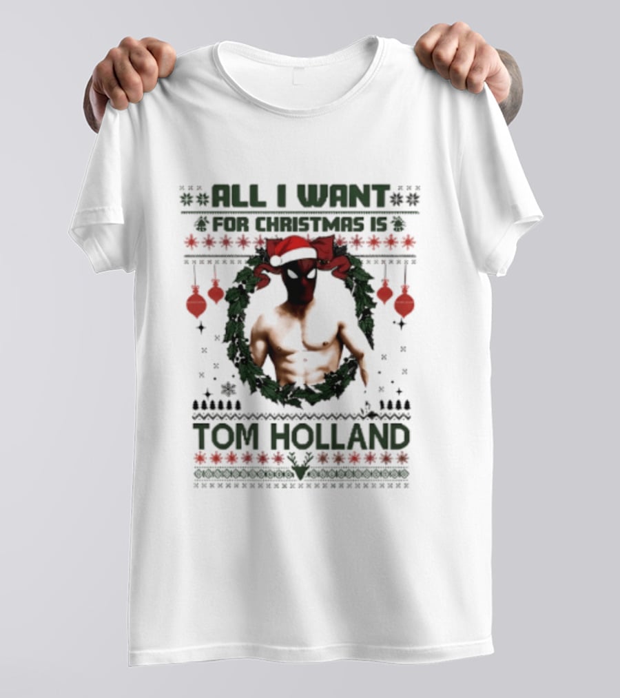 All I Want For Christmas Is Tom Holland Ugly Sweater Spider Man Christmas Wreath T-Shirt