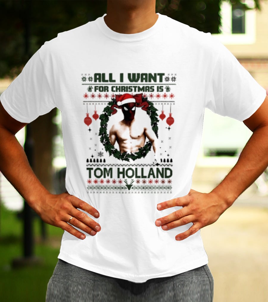 All I Want For Christmas Is Tom Holland Ugly Sweater Spider Man Christmas Wreath T-Shirt