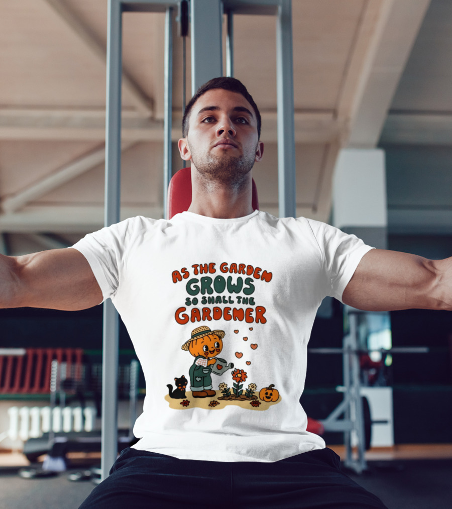 As The Garden Grows So Shall The Gardener Pumpkin Watering Flowers With Cat And Hearts T-Shirt