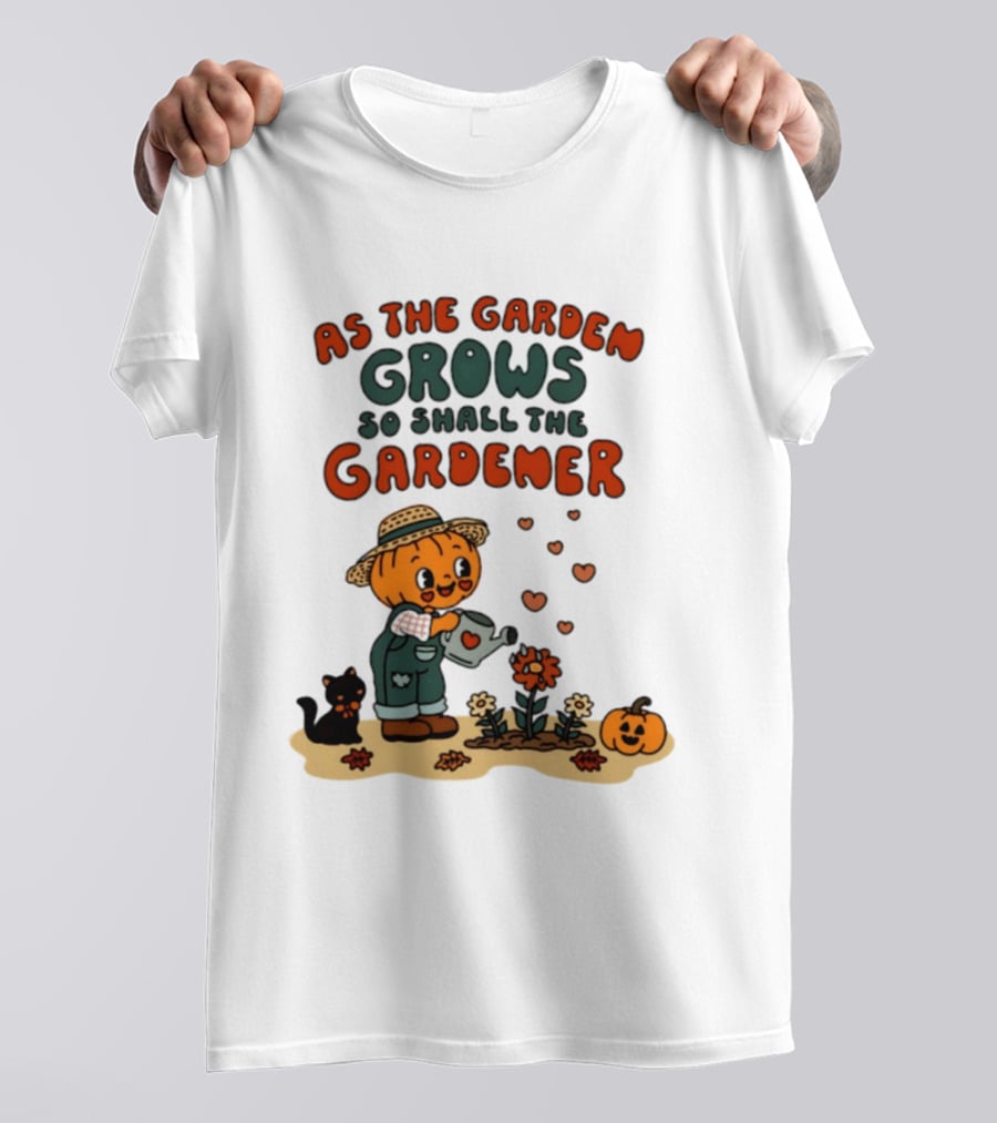 As The Garden Grows So Shall The Gardener Pumpkin Watering Flowers With Cat And Hearts T-Shirt