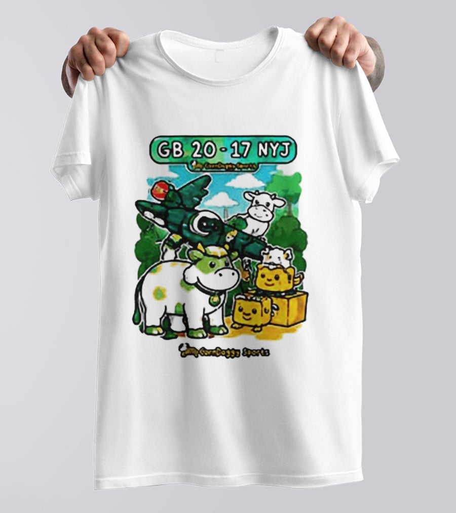 GB 20 17 NYJ Green Bay Football Green Cow Jet Cartoon Game Day T-Shirt