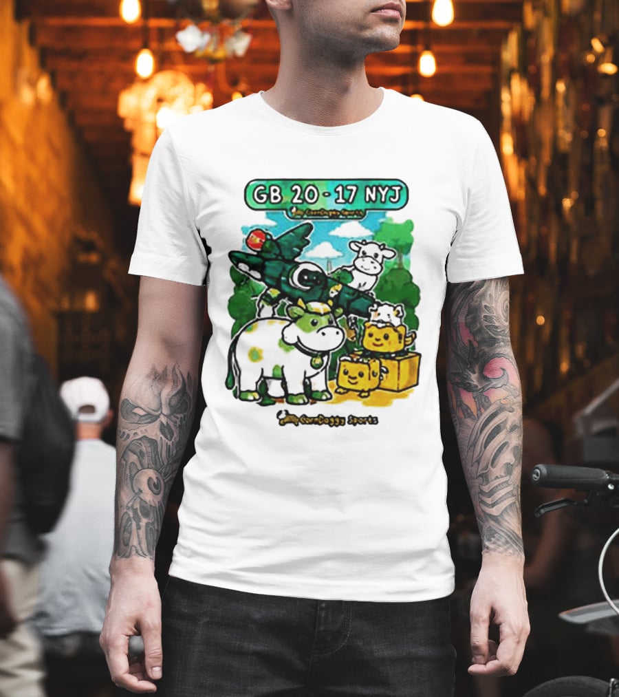 GB 20 17 NYJ Green Bay Football Green Cow Jet Cartoon Game Day T-Shirt