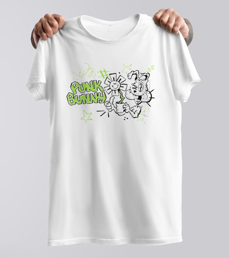 Punk Bunny Green Day Coffee Flower Light Blue T-Shirt