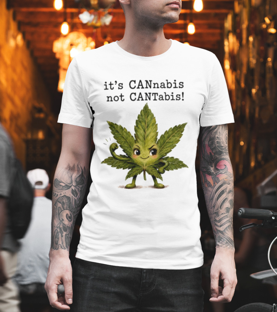 Cannabis Leaf Character It's CANnabis Not CANtabis Winking Cartoon T-Shirt