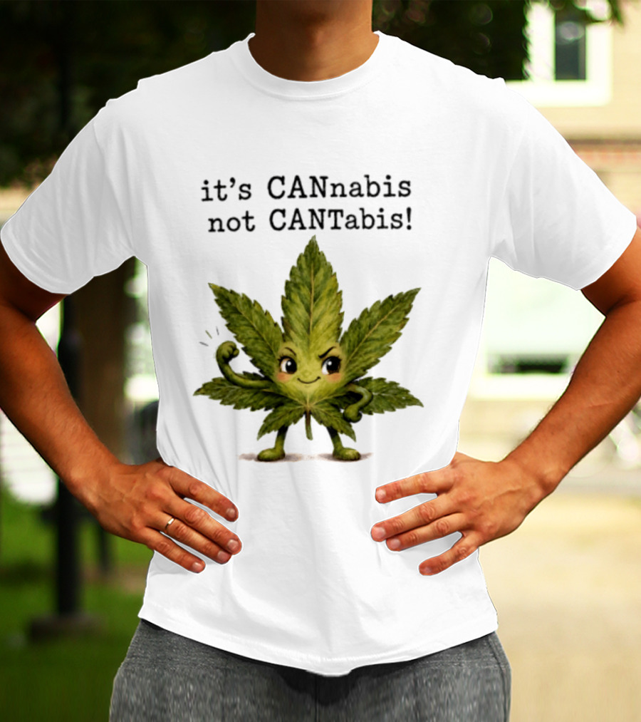 Cannabis Leaf Character It's CANnabis Not CANtabis Winking Cartoon T-Shirt