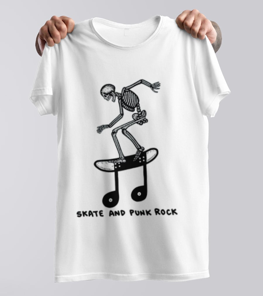 Skeleton Skater On Music Note Skateboard Punk Rock T-Shirt
