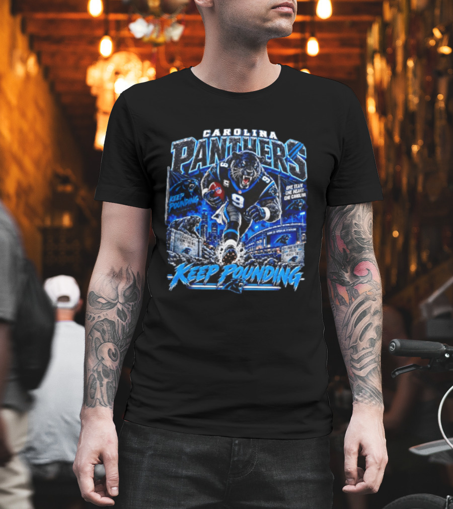 Carolina Panthers Keep Pounding One Team One Heart One Carolina Panthers 9 Football Player City Skyline T-Shirt