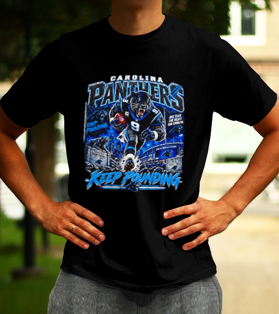 Carolina Panthers Keep Pounding One Team One Heart One Carolina Panthers 9 Football Player City Skyline T-Shirt