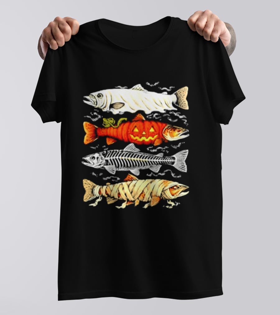 Halloween Pumpkin Mummy Fish Skeleton Trio T-Shirt