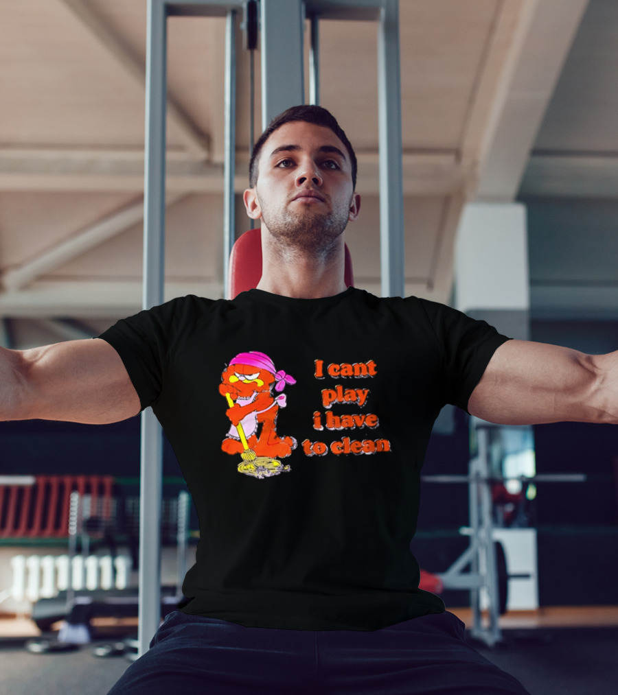 Garfield I Can't Play I Have To Clean Comic Image With Mop And Bandana T-Shirt