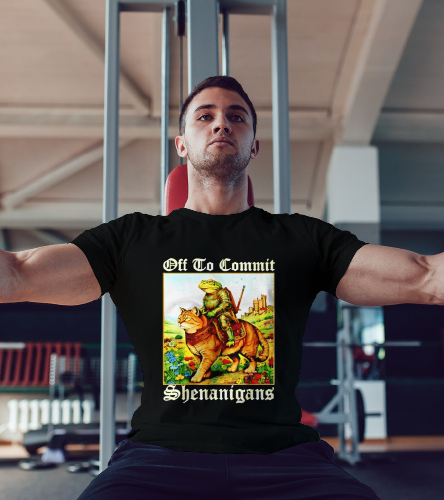 Off To Commit Shenanigans Frog Knight Riding Cat Medieval Adventure T-Shirt