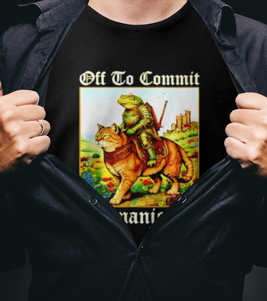 Off To Commit Shenanigans Frog Knight Riding Cat Medieval Adventure T-Shirt