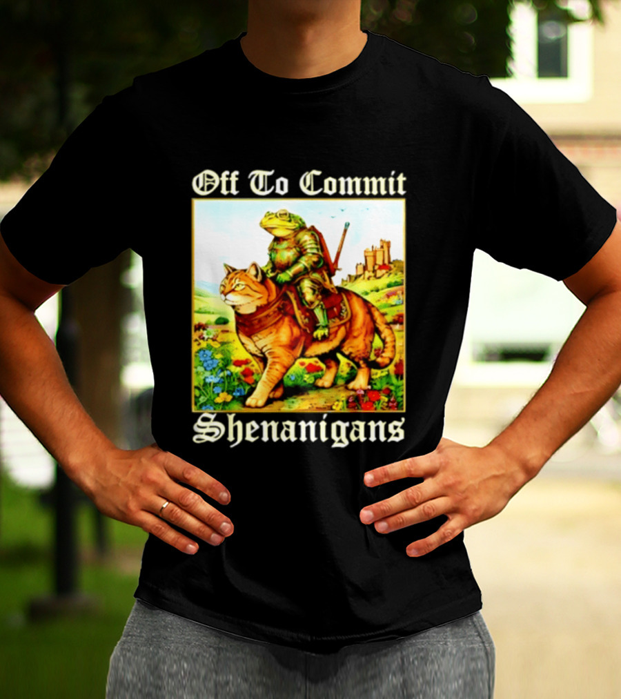 Off To Commit Shenanigans Frog Knight Riding Cat Medieval Adventure T-Shirt