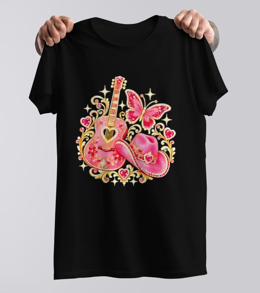 Pink Rhinestone Guitar Cowboy Hat Butterfly Hearts Sparkles T-Shirt