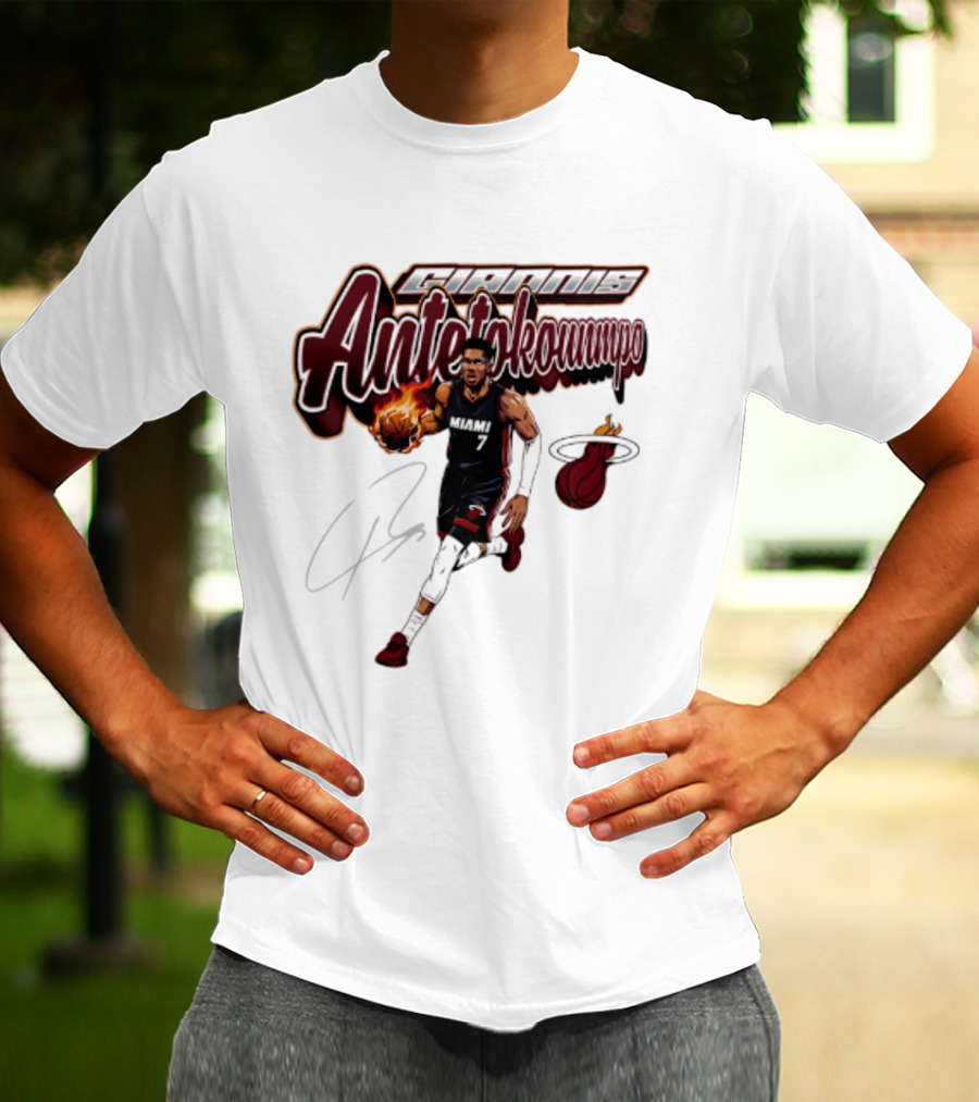 Giannis Antetokounmpo Miami Heat Basketball Cursive Script T-Shirt