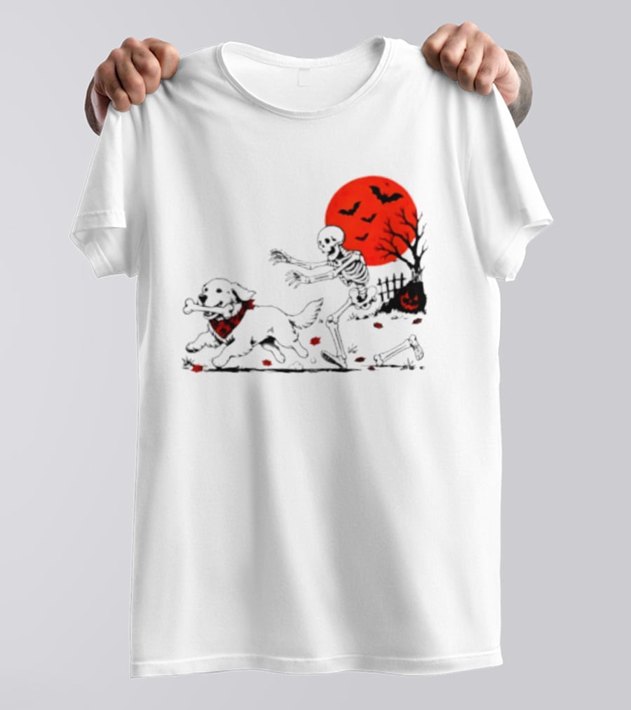 Golden Retriever And Skeleton Chase Under Red Moon With Bats And Pumpkin T-Shirt