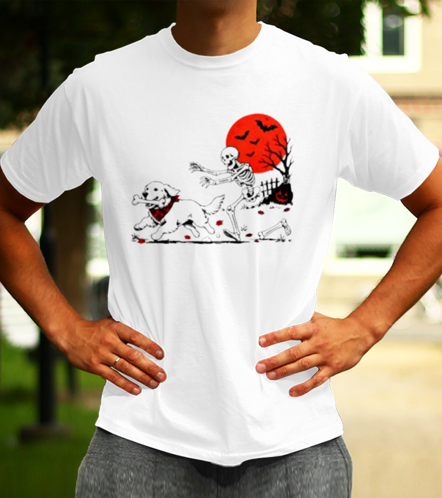 Golden Retriever And Skeleton Chase Under Red Moon With Bats And Pumpkin T-Shirt