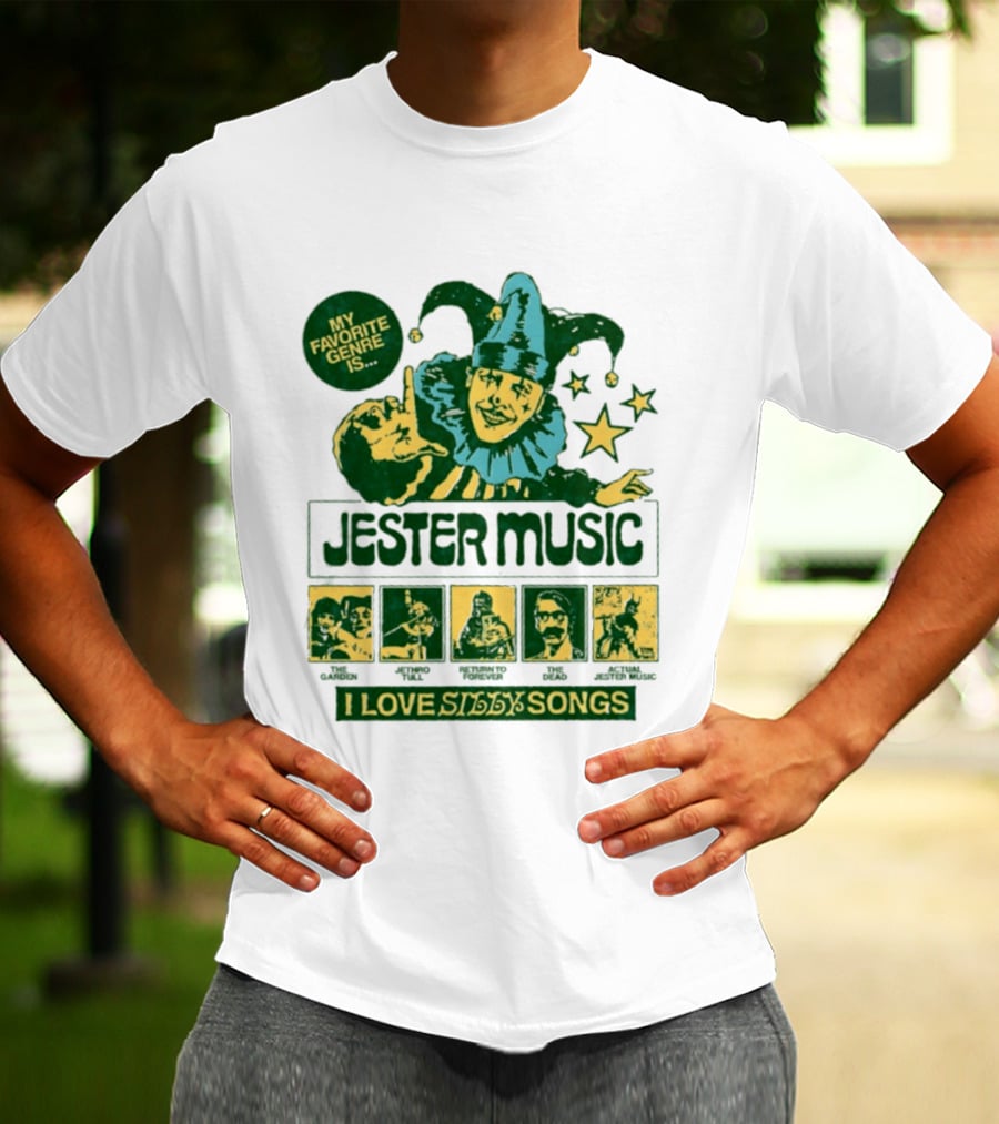 My Favorite Genre Is Jester Music I Love Silly Songs Playful Jester With Stars T-Shirt