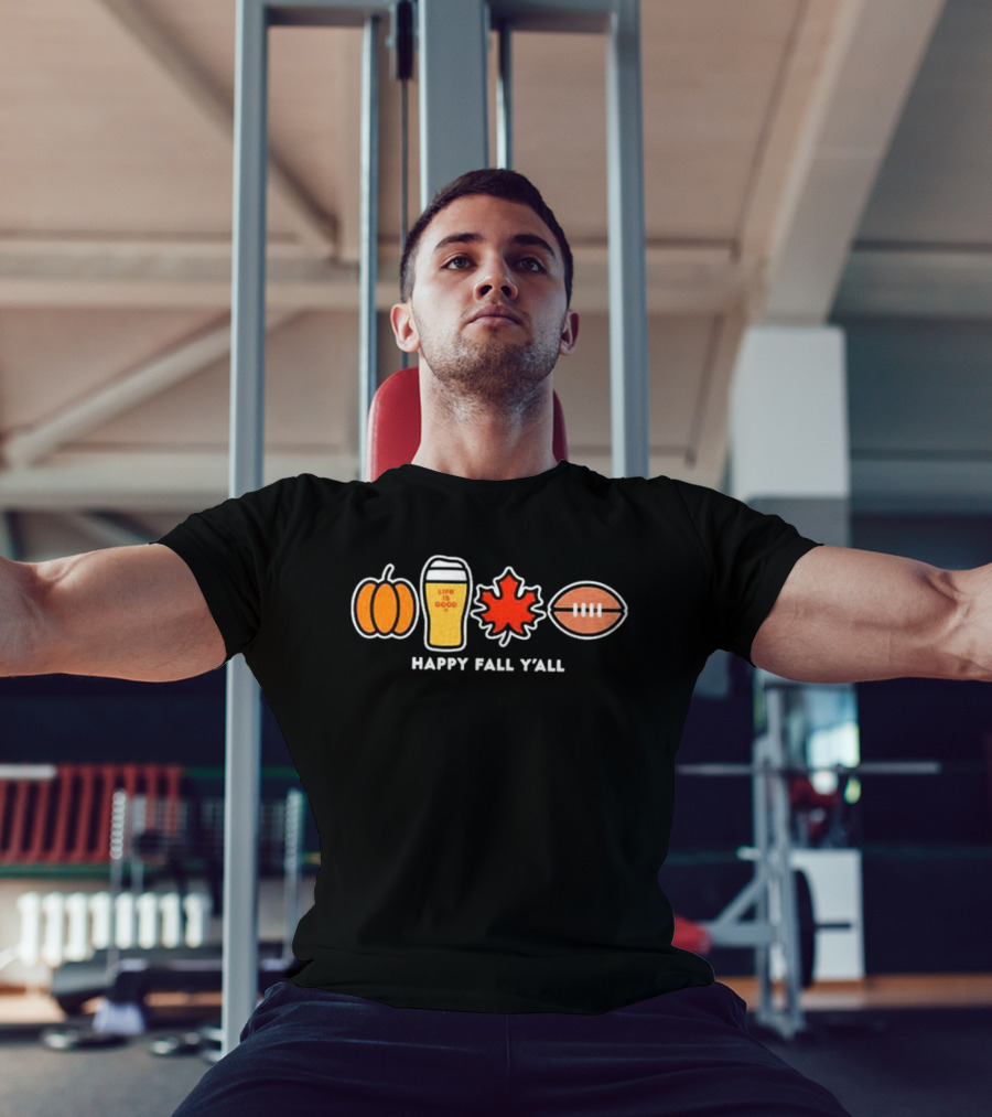 Pumpkin Life Is Good Beer Leaf Football Happy Fall Y'all Autumn Season T-Shirt