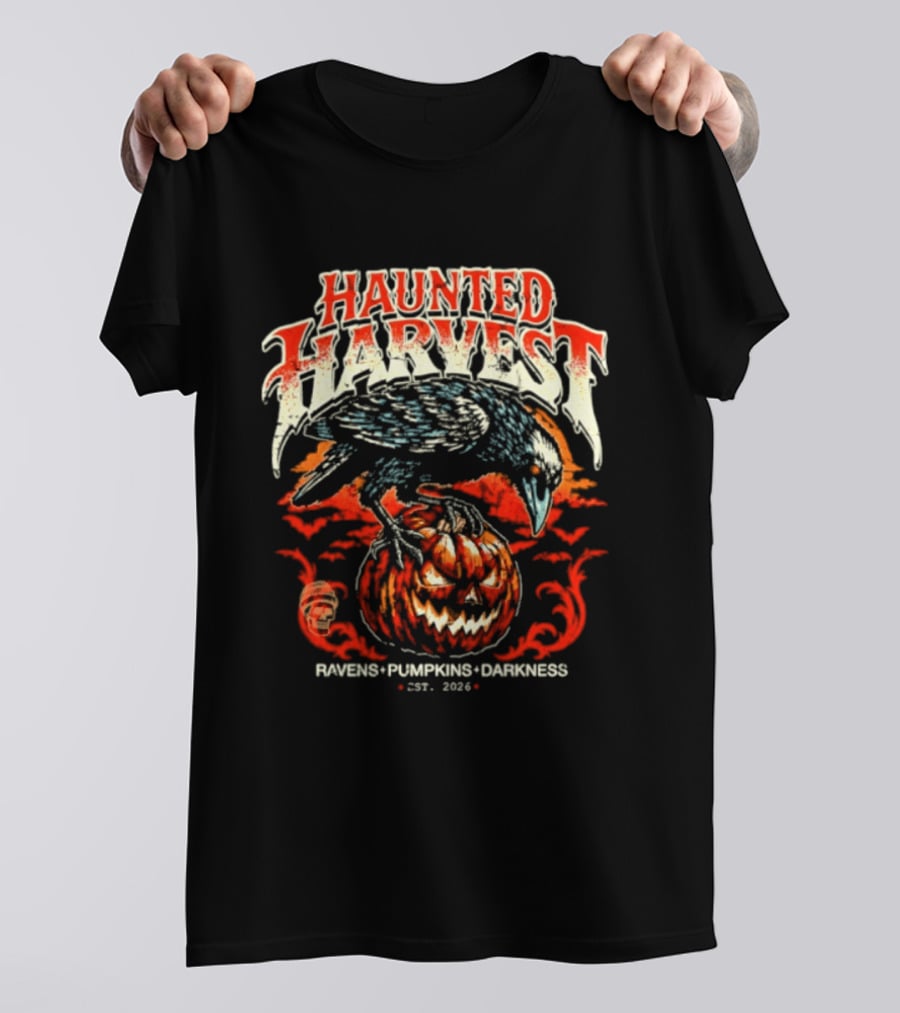Haunted Harvest Ravens Pumpkins Darkness Est 2026 T-Shirt