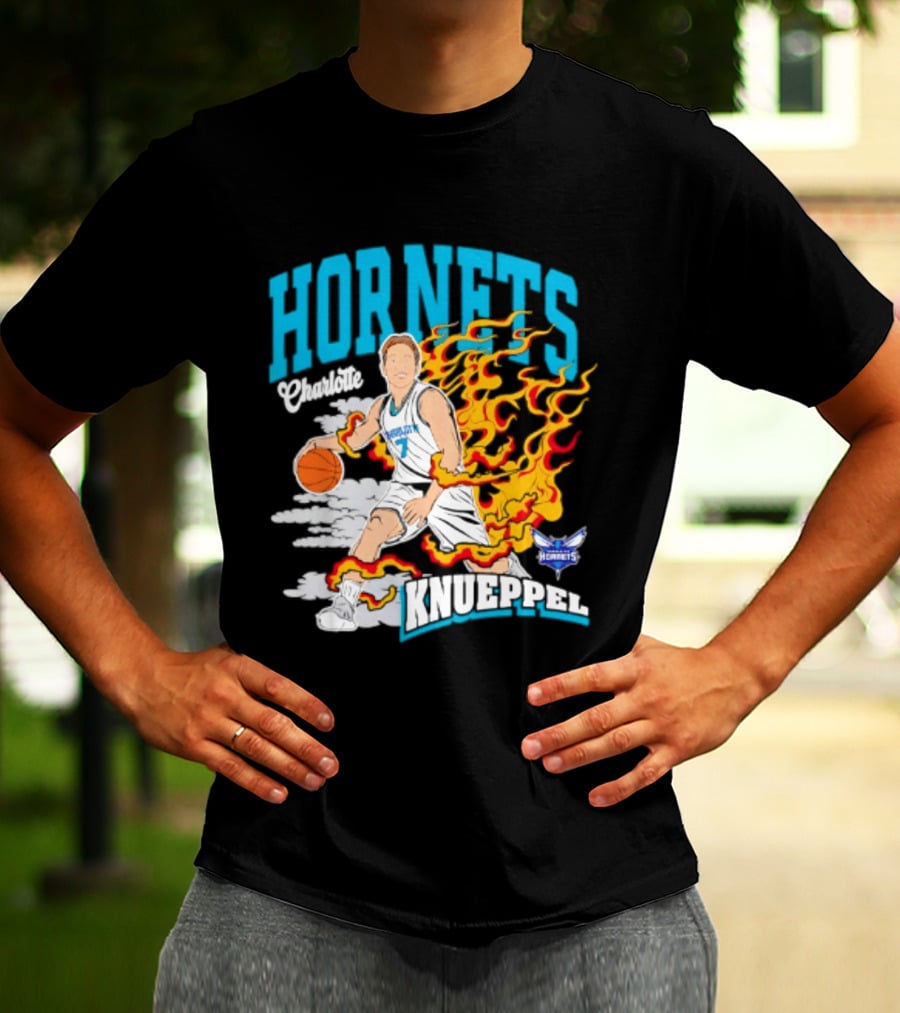 Charlotte Hornets Kon Knueppel Basketball With Flames Motif T-Shirt