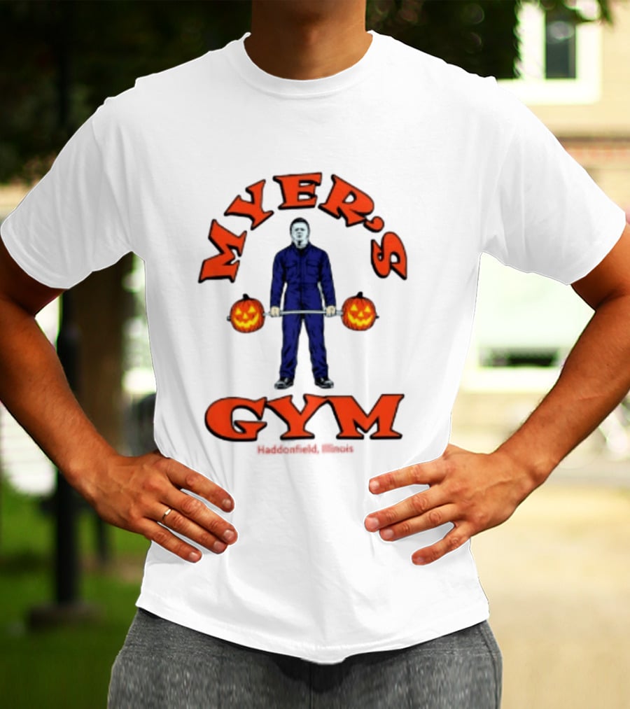 Myers's Gym Haddonfield Illinois Michael Myers Jack O' Lantern Weightlifting Halloween T-Shirt