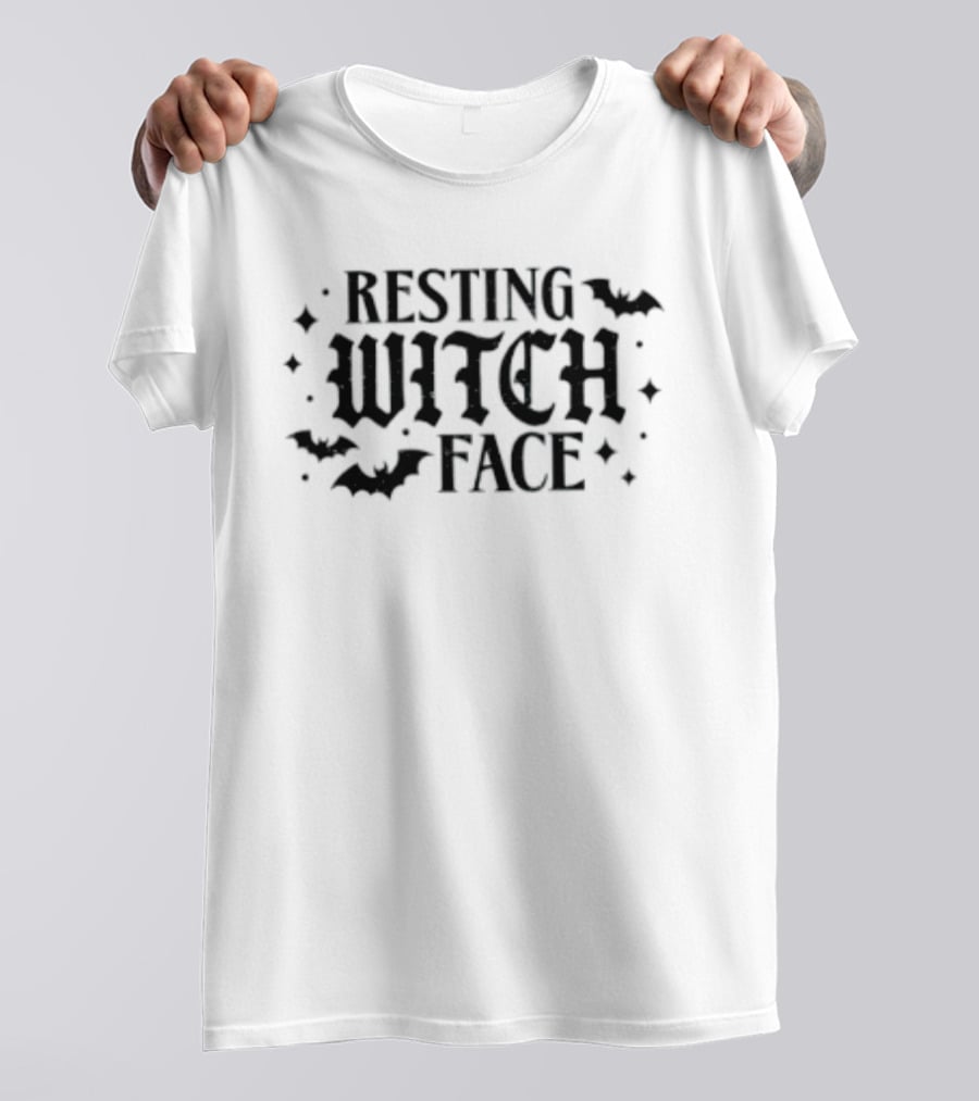 Resting Witch Face Halloween Bats And Stars Spooky T-Shirt