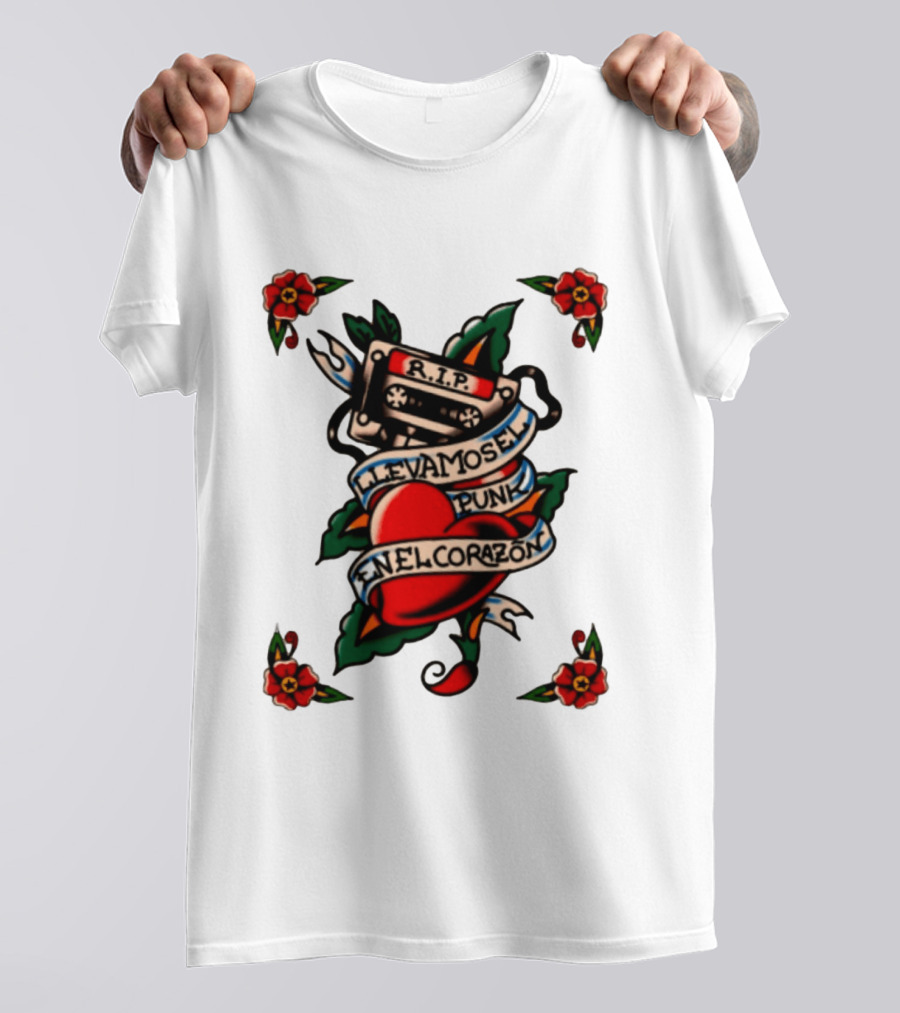 RIP Cassette Heart Llevamos El Punk En El Corazón Tattoo Style Roses T-Shirt
