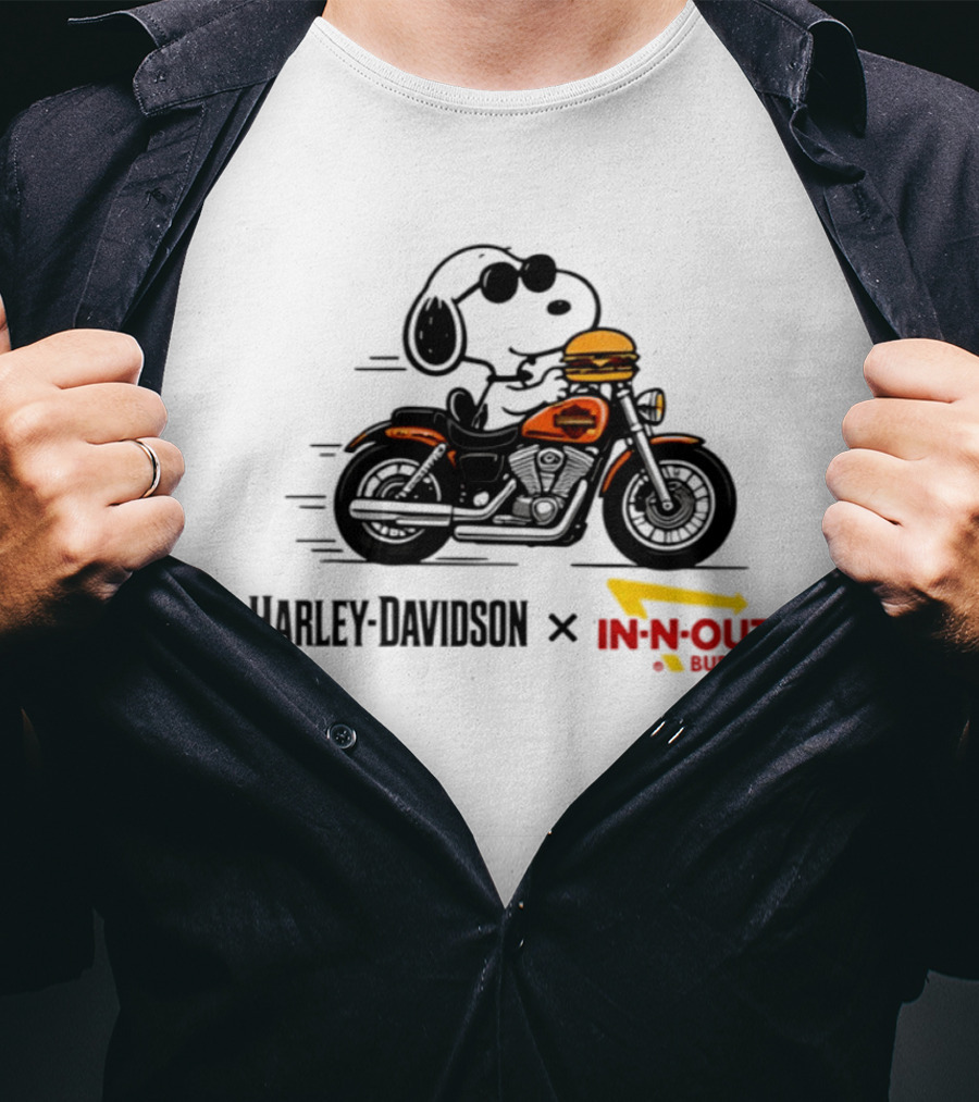 Snoopy Riding Harley Davidson With In N Out Burger Collaboration T-Shirt